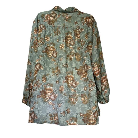 Vintage MC Sheer Button Down Shirt Floral Brown Green Roll Tab Sleeve Blouse 24W - Picture 3 of 7